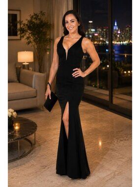 Clearance Black Size M Fitted Long Deep V-Neck Dress By Poly USA 8298